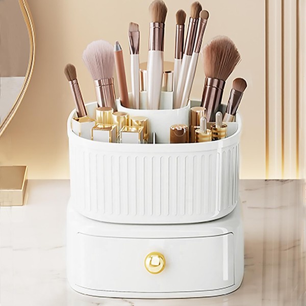 JYCHX Rotating Makeup Brush Holder Organizer, Big Capacity Spinning Cosmetic Organizer with 5 Slots and 1 Drawer for Brush, Lipstick, Office Supply, Perfect for Vanity, Bathroom Countertop, Office