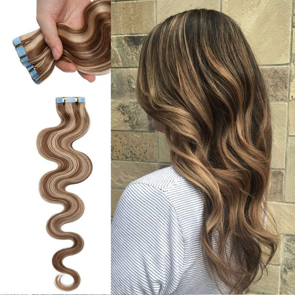 40 PCS Rooted Tape In Hair Extensions Human Hair Invisible Seamless Skin Weft Body Wave Highlight Double Side Tape Hair Extensions Natural Wavy (24'',100g/40pcs,#12P613 Golden Brown&Bleach Blonde)