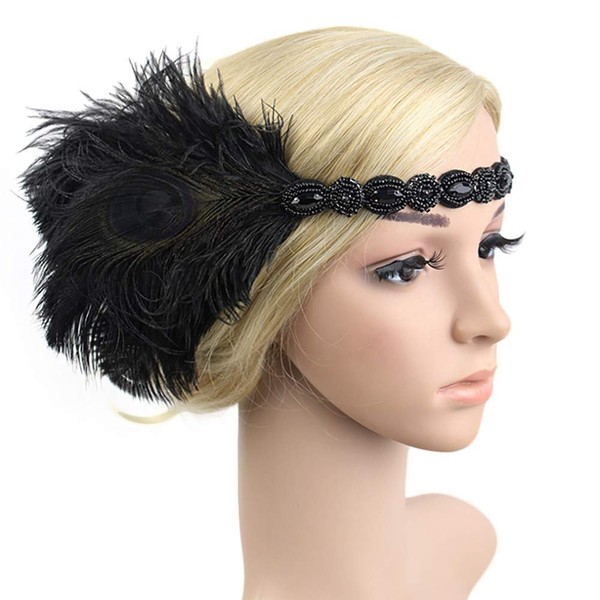 1920s Flapper Headbands Great Gatsby Rhinestone Headpiece with Peacock Feather Jewel Hair Accessories (Black)