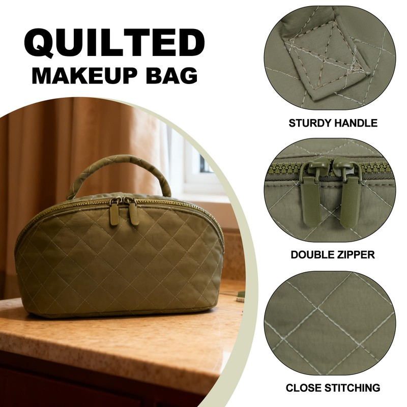 Makeup Bag,Quilted Puffer Cosmetic Bag for Women, 180° Lay-Flat Travel