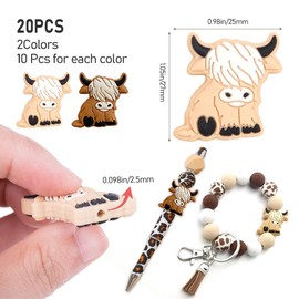 ZORZA 20Pcs DIY Highland Cow Beads Cartoon Cow Inspired Animal Shaped Beads,Soft Silicone,Perfect for Bracelets Necklaces and Crafts Loose Cow Printed Beads