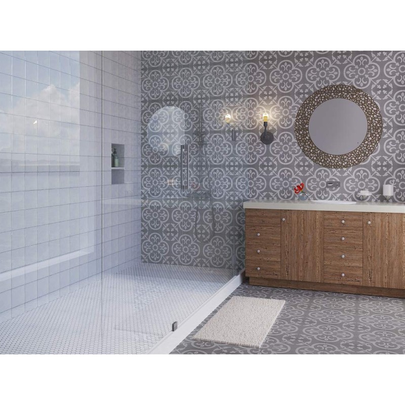 Flora Encaustic Soft Gray White 8x8 Satin Glaze Ceramic Tile