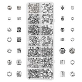 PH PandaHall - 405 abalorio redondas de metal 14 estilos tibetanos de plata envejecida, abalorio espaciadoras de columna, abalorio de barril, abalorio de aleación, abalorio sueltas para pulseras, collares, arete, joyería