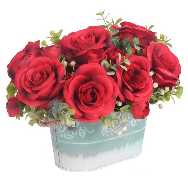 Artificial Rose Flower Arrangement for Table Centerpiece, Farmhouse Red Silk