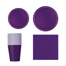 Trimming Shop 70pcs Disposable Party Tableware Set, 7" Round Plates 20pcs, 9" Plates 16pcs, 9oz Cups 14pcs, Napkins 20pcs for BBQs, Weddings, Birthday, Anniversary, Kids Party Supplies, Deep Purple