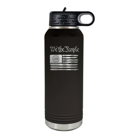 Palm City Products We the People 32 oz Black Stainless Steel Patriotic Water Bottle - Vacuum-Insulated Revolutionary War Tumbler with Engraved American Flag and Flip-Top Lid