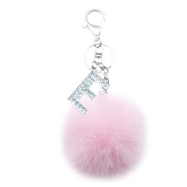 Xsclpomddy Silver Alphabet Keychain Artificial Fur Pink Pom Pom Rhinestone Crystal Letter Key Rings for Women Girls,pink E