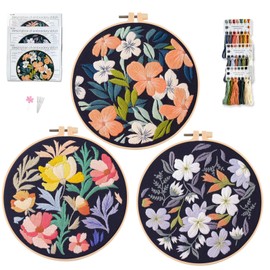 Myfelicity Embroidery Kit, Set of 3 Decorative Hoops with Black Background, Colorful Flower Patterns