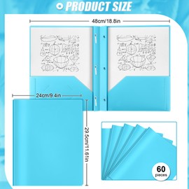 Yeaqee 60 Pcs Plastic Folders with Pockets and Prong Plastic Folders with 2 Pockets Pocket for Office, School for Students, Teachers, Office Workers (Light Blue)