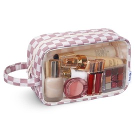 Narwey Checkered Clear Makeup Bag Cosmetic Bag with Zipper for Travel, Clear Toiletry Bags for Traveling Toiletries Women Men, Make Up Pouch with Handle, Skincare Bag (Dusty Pink Checkerboard)