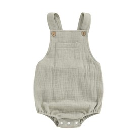Santikisler Infant Baby Boy Girl Romper Bodysuit Cotton Linen Suspender Overalls Solid Sleeveless Square Neck Summer Outfits (Khaki, 3-6 Months)