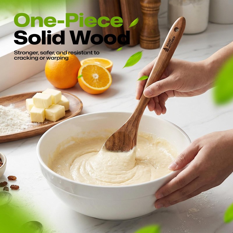 AIUHI Wooden Salad Spoon Fork, 2-in-1 Teak Wood Cooking Utensil,