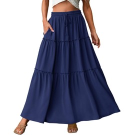Genfien Skirt Women's Long Boho High Elastic Waist with Pockets and Belt Maxi Skirt Midi Casual Skirt Plain Skirt A-line Casual Summer Maxi Skirt, blue, M