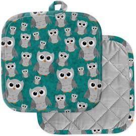 [Pack of 2] Pot Holders for Kitchen, Washable Heat Resistant Pot Holders, Hot Pads, Trivet for Cooking and Baking (Gray Owls On Teal Textured)