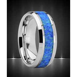 Metal Masters Co. Tungsten Carbide Wedding Band Ring with Blue Green Simulated Opal Inlay 8mm 8.5