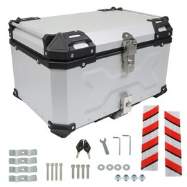 WFLNHB 65L Motorcycle Top Case Universal Motorbike Tail Box Trunk Tour Storage with Bracket Base Plate for Helmet Luggage Motorcycle Top Box with Silver Cushion