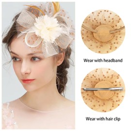 CAVETEE Fascinators Hat for Women Tea Party, Champagne Fascinators Flower Feathers Headband for Women