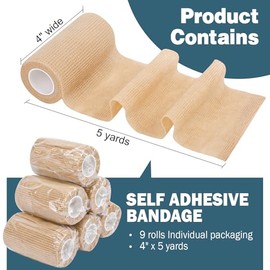 AZEN Paquete de 9 Vendas Autoadhesivas, 4" X 5 Yardas Vendaje Elástico Cohesivo, Cinta Atlética Color Piel, Cinta para Tobillo, Cinta de Agarre para T