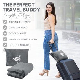 Resty Travel Blanket - Compact Airplane Blanket with Bag - Small and Lightweight Traveling Blanket & Pillow - Portable Blankets with Carabiner for Easy Transport - Plane Train Car (Deep Gray)