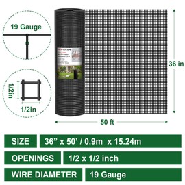 HOPERAN Black Hardware Cloth 1/2 inch 36 x 50 Ft Mesh 19 Gauge PVC Coated Chicken Wire - Vinyl + Galvanized Double Coated Fence - Welded Wire Mesh Roll for Chicken Coop Fencing Garden Fencing