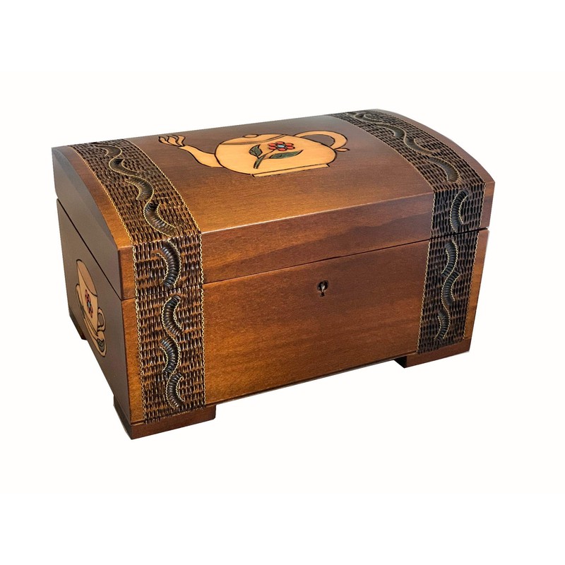 MilmaArtGift Tea Chest Hand-Carved Floral Teapot Design Decorative Wood Chest