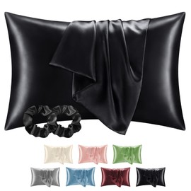 BEDELITE Pack of 2 satin cushion covers, 40 x 60 cm, black, 2 satin pillowcases with 2 hair ties, soft as silk pillowcase, better care than silk pillose case