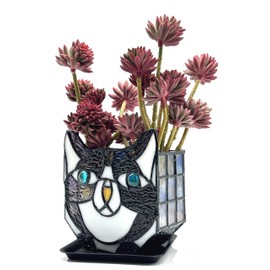 Tiffany Cute Cat Stained Glass Flower Pots,Indoor and Outdoor Plant Displays,Black Cat Plant Planter,Candle Holder Container Decoration 4.6 x 5.15 x 3 inch(Without Succulents)