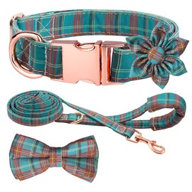 Hilkycton Plaid Dog Collar Leash Set with Bow Tie Adjustable Cute Puppy Collar with Durable Metal Buckle Girls Boys Dog Collar for Small Medium Large Dogs Turquoise-XS