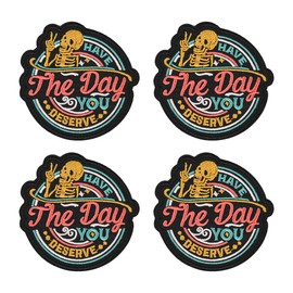 4 Pcs Have The Day You Deserve Patch, Iron On/Sew On Embroidered Applique Patch, Funny Skeleton Decorative Patches for Clothes Backpacks Hats, Karma Repair Patch Sarcastic DIY Accessories(Style A)