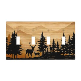 wyehjut Rustic Forest Pine Tree Wood 4 Gang Quad Toggle Light Switch Cover Wall Plate Decorative Deer Country Farmhouse Brown Switchplate Outlet Electrical Receptacle for Kitchen Office