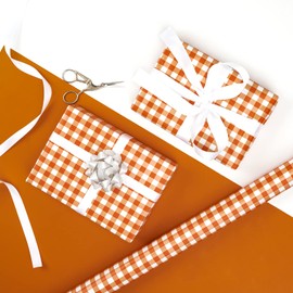 WRAPAHOLIC Reversible Wrapping Paper Roll - Orange and White Plaid Design for Birthday, Holiday, Wedding, Baby Shower and More Occasions - 30 Inch x 33 Feet