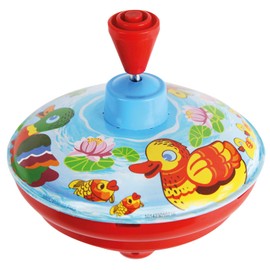 Lena 52410 Buzzing Spinning Top Ducks Diameter 14 cm, Metal Swing Spinner Made of Sheet Metal, Classic Pump Gyro, Tin Spinner with Animal Motif, Spinning Top with Standing Tip, Toy Spinner for