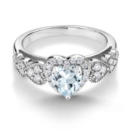 Gem Stone King - Anillo de plata de ley 925 azul cielo aguamarina para mujer (1.16 quilates, forma de corazón de 6 mm, piedra natal de piedras preciosas, disponible en tamaño 5, 6, 7, 8, 9), Metal Gema, Aguamarina Zirconia cúbica