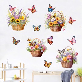 4 Pcs Flower Basket Butterfly Wall Stickers Bedroom Bathroom Restroom Cistern Nursery Decor DIY Removable Bouquet Toilet Seat Lid Decals