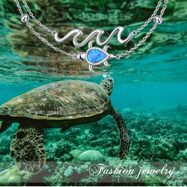 Flyow Created Blue Opal Sea Turtle Wave Anklets for Women 925 Sterling Silver Adjustable Foot Ocean Ankle Bracelet Jewelry 9 10 11 Inch