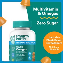 SmartyPants Zero Sugar Prenatal Multivitamin Gummies: Choline, Methylfolate, Omega 3 (ALA), Vitamin D3, C, Vitamin B12, B6, A, K, Zinc, Biotin, Gluten Free, No Sugar Alcohols, 90 Count (30 Day Supply)