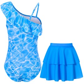 swimsobo One Piece Swimsuit with Skirt Size 9-10 Girl One Shoulder Bathing Suit Water Ripple Adjustable Strap Swimwear