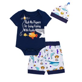 Auggle 3PCS Baby Boys' Daddy's New Fishing Buddy Outfit Set Short Sleeve Bodysuit (Navy Blue, 12-18 Months) …
