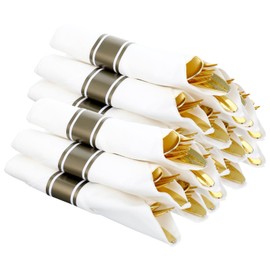 30 Pack Pre Rolled Gold Plastic Cutlery, Disposable Heavy Duty Silverware Set - 30 Forks, 30 Spoons, 30 Knives, 30 Napkins, Disposable Cutlery Set for Catering, Parties, Dinners, Weddings