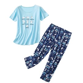 GTLY Womens Plus Size Pajama Sets Summer Cotton Sleepwear Tops with Capri Pants Pjs Ladies Cute Cat Print Pajama Set