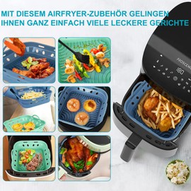 LOULANLUXE Silikonform Heißluftfritteuse Eckig Silikon Airfryer Zubehör 22 cm Faltbar Air Fryer Backform Entwurf der Luftzirkulation, Lebensmittelqualität, Pflegeleicht (2 Pcs, BlauGrün)