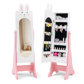 CHARMAID Kids Mirror Jewelry Cabinet - 45" Standing Jewelry Armoire with Full Length Mirror, Bunny Shaped Vanity Dressing Mirror for Girls, Kids Jewelry Organizer with Storage Drawers (White)