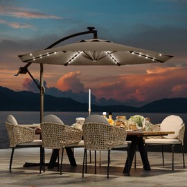 10 ft Cantilever Umbrella with Solar Lights for 2-6 People, Outdoor Offset Design with Infinite Tilt and Crank Lift, Fade Resistant Canopy Large Patio Umbrella for Deck Pool Garden Backyard,Tan