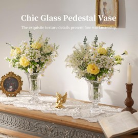 Glasseam Pedestal Glass Vase for Flowers, 7.5in Tall Compote Vase Set of 3, Crystal Clear Vases for Centerpieces, Ribbed Decorative Vases for Home Decor, Cute Footed Urn for Living Room Decorations