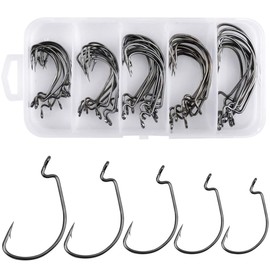 Jinlaili Fishing Hooks, 50 Pieces Carbon Steel Fishing Hooks in 5 Sizes 2#, 1#, 1/0#, 2/0#, 3/0#, Fishing Hooks with Barb, Fishing Hooks with Eyelet, Fishing Tackle with Plastic Box
