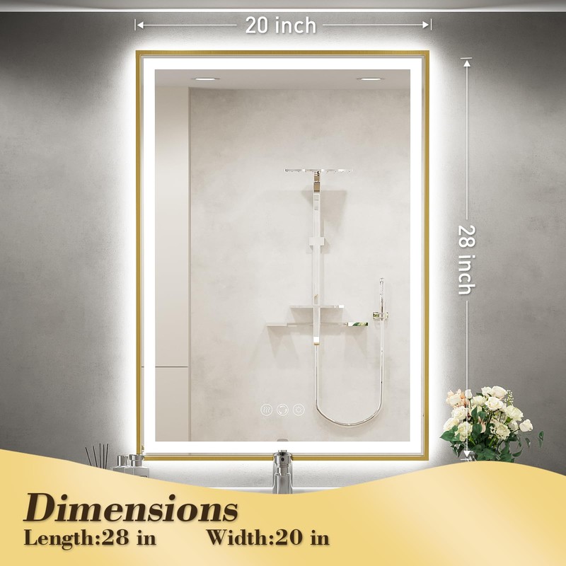 FTOTI LED Bathroom Mirror, 20x28 Inch Frontlit & Backlit Gold