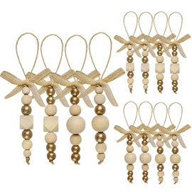 AerWo 12 Pcs Wood Christmas Tree Ornaments Christmas Beads, 4 Styles Boho Christmas Decor with Gold Wood Beads & Bow, Neutral Christmas Ornaments Farmhouse Christmas Decorations for Tree Home Decor