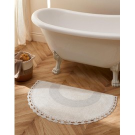 Savi Home Half Circle Bohemian Bathroom Rug with Handwoven Chrochet Border, Beautifully Handcrafted 100% Cotton Mat - 22x42, Round Boho Bedroom Rug, Boho Bathroom Décor, Machine Washable - Linen