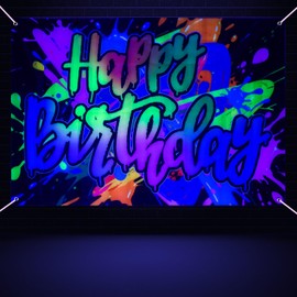 Graffiti Happy Birthday Backdrop - Colorful Graffiti Splash Paint Neon Happy Birthday Banner for Neon Party Decorations, Glow in The Dark, 3.9 x 5.9 ft