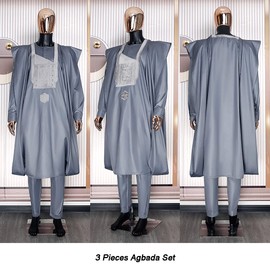 HD Grey Agbada for Men African Traditional Clothing Set Nigerian Man Embroidery Boubou Wedding Attire 3 Pieces Outfit L